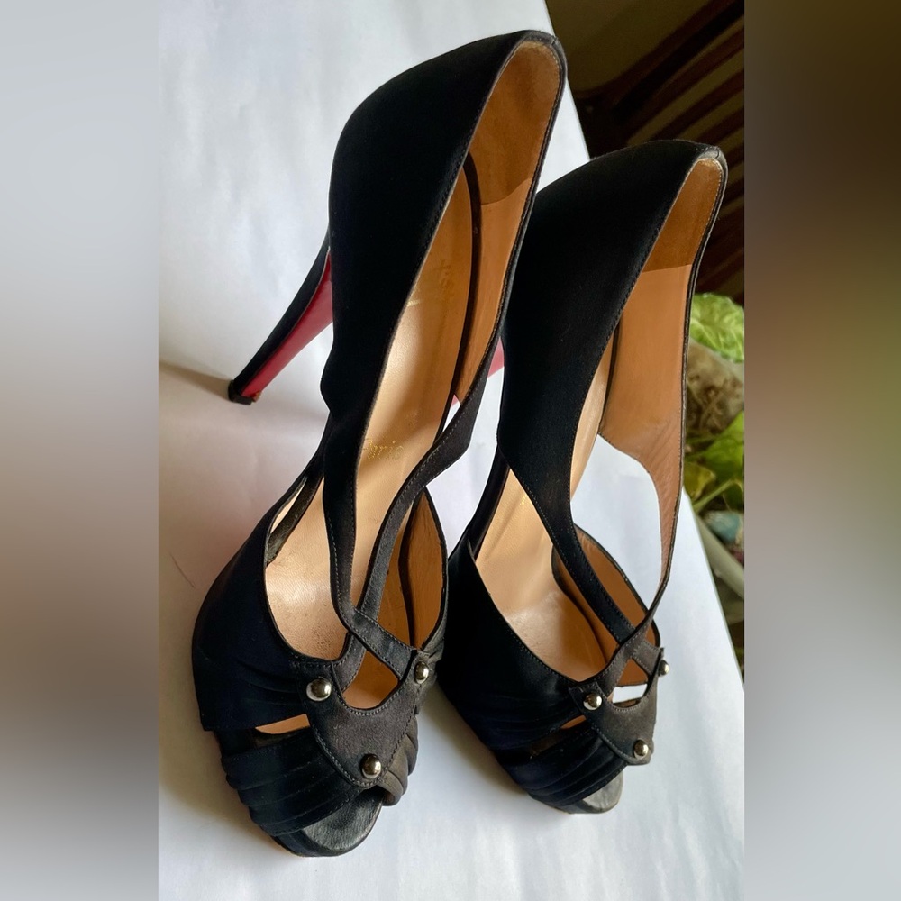 Christian Louboutin Satin Studded Accents T-strap Pumps - Picture 4 of 16